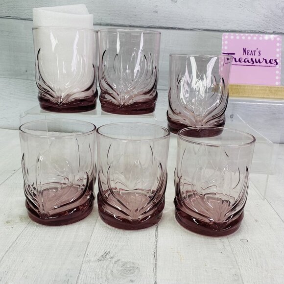 Clear Pink Tint Embossed Leaf Fan Design 16oz Double Old Fashion Glasses Set 6 - Picture 1 of 11